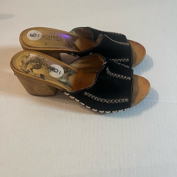 Michael Michael Kors mules wood heels black suede white braid details gold studs - Picture 7 of 9